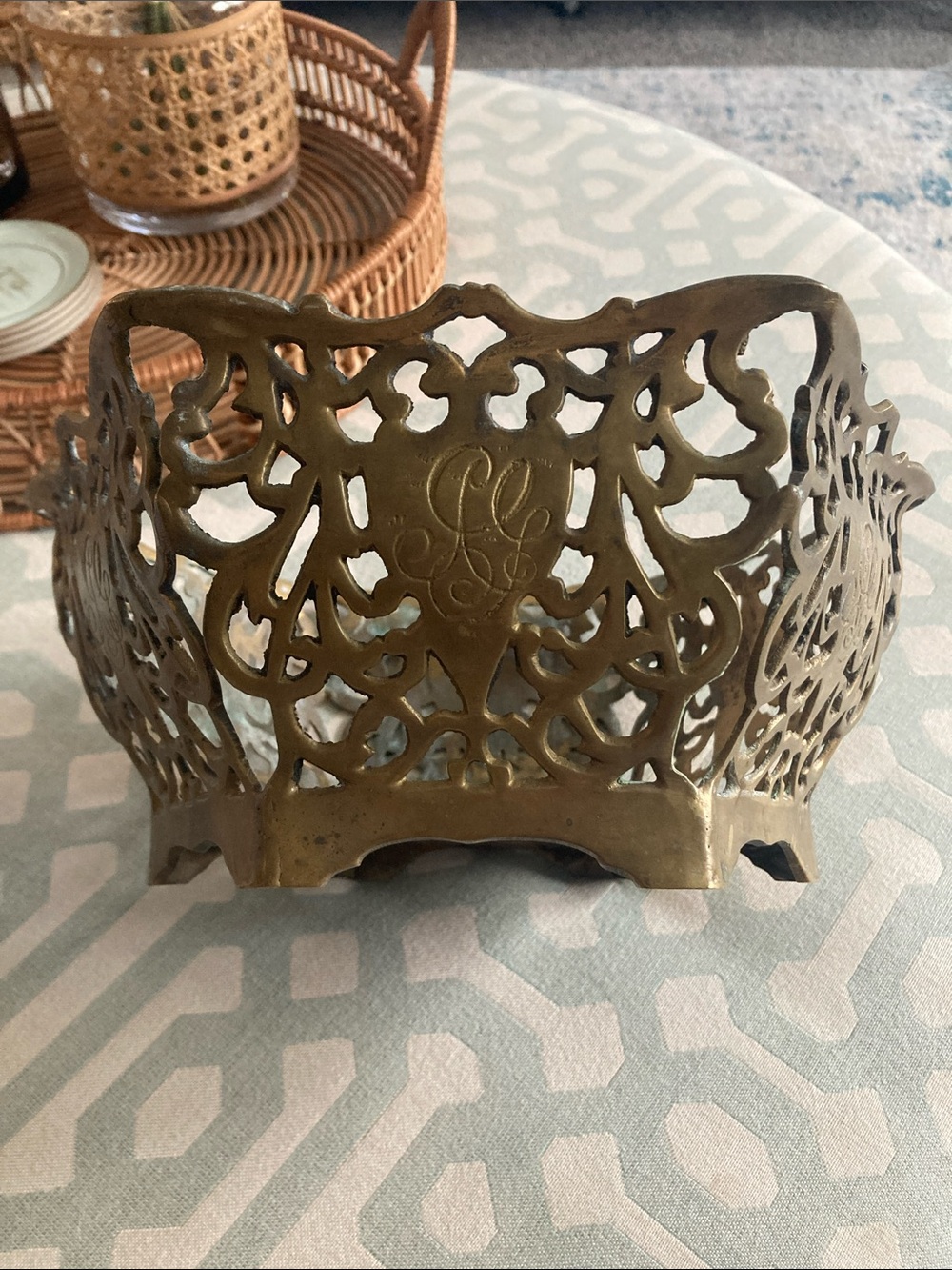 Large Vintage Solid Brass Reticulated Catchall Bowl